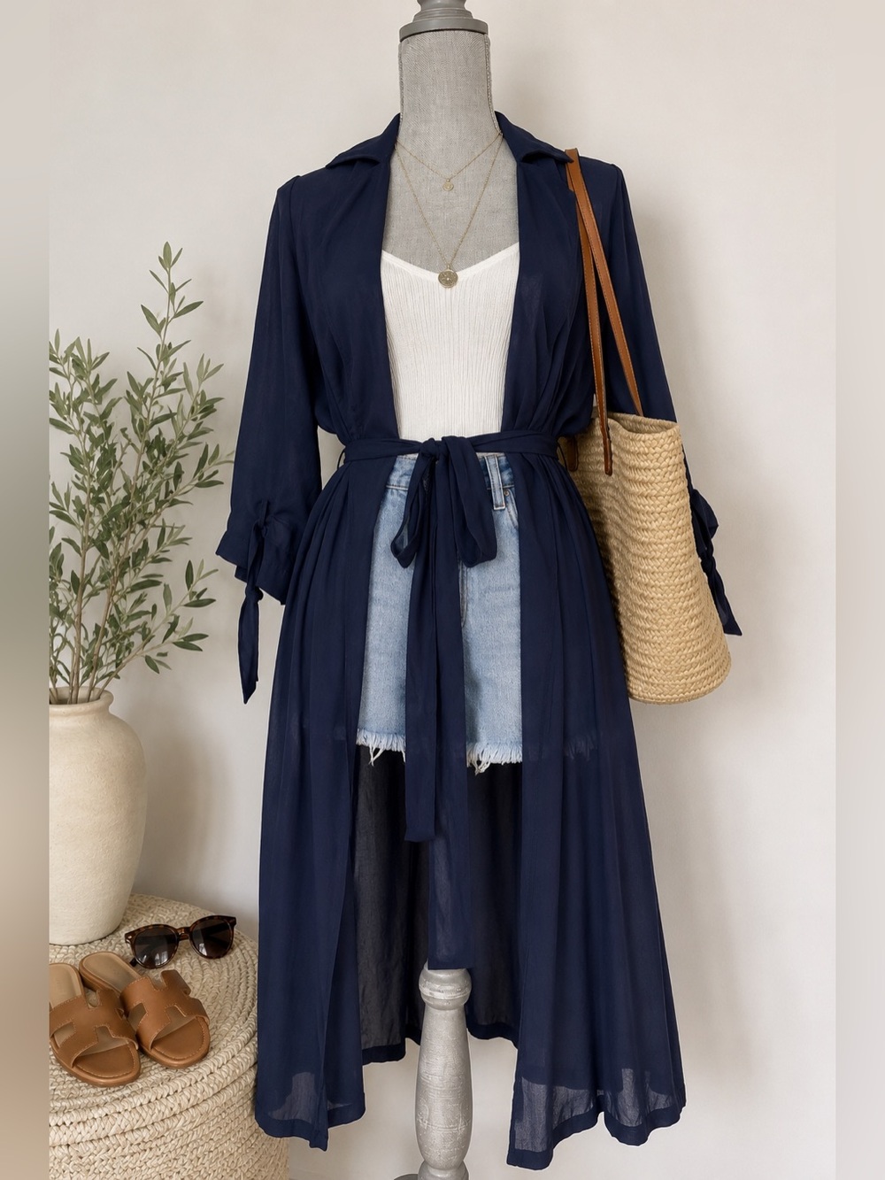 NWT Goldie Navy Sheer Tie Waist Duster Kimono Cover Up SM